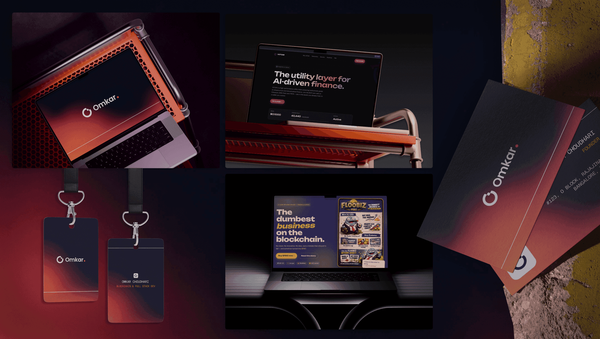 Brand collateral for Omkar Choudhari: laptops showing the VIITUM and Floobiz platforms, business cards and lanyards.